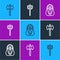 Set line Wooden axe, Funny and scary ghost mask and Neptune Trident icon. Vector