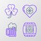 Set line Wooden barrel with four leaf clover, beer mug, Heart and Four icon. Vector