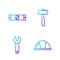 Set line Worker safety helmet, Wrench spanner, Construction bubble level and Hammer. Gradient color icons. Vector