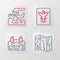 Set line World travel map, Aircraft steering helm, Passport and Plane crash icon. Vector