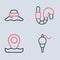 Set line Worm, Location fishing, Fishing float and Fisherman hat icon. Vector