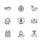 Set line Yacht sailboat, Captain hat, Crossed oars or paddles, Anchor, Whale, Jet ski, Compass and Tsunami icon. Vector