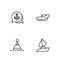 Set line Yacht sailboat, Floating buoy, Anchor and Inflatable with motor icon. Vector