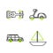 Set line Yacht sailboat or sailing ship, Off road car, Scooter and Formula race icon. Vector