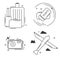 Set of linear black simple icons composed on white background and showing activities and travels.
