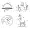 Set of linear black simple icons composed on white background and showing activities and travels.