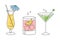 A set of linear drawings of refreshing fruit cocktails with different drinks, ice cubes, straws and umbrellas. Drinks icons