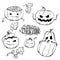 Set of lineart vector pumpkins for Halloween on a white background.