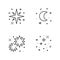 Set of lined icons of sparkling and twinkling space objects isolated on white