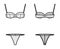 Set of lingerie - balconette bra and T-back string panties technical fashion illustration with adjustable straps