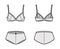 Set of lingerie - bra underwire and french knickers technical fashion illustration with escalloped edge. Flat brassier