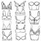 Set of lingerie elements.Vector Fashion Different types of bras - Illustration silhouette