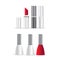 Set of lipstick and nail polish. Of isolated beauty product images with silver branding decoration.