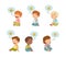 Set of little boys and girls with emojis in speech bubbles over of their heads. Kids imagination cartoon vector