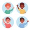 Set of little boys portraits in circular shape. Kids smiling and waving hand. Different nationalities children. Vector
