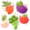 Set of little carrot, eggplant, tomato, onion, broccoli in kawaii style. Tiny vegetables in multiple poses. Can be used for t-