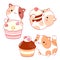 Set of little cats with desserts in kawaii style. Collection of cute kitten with cake, muffin and cupcake with whipped cream and