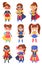 Set Of Little Girls In Costumes Of Superheroes And Cat Woman Vector Illustrations Cartoon Characters