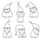 set of little gnomes silhouettes black ink hand drawn outline, simple minimalistic contour dwarfs in caps with beards