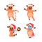 Set little oxes in santa hats celebrating happy new year cute cows mascot cartoon characters collection