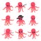 Set of little pink octopus showing various emotions and actions. Cartoon characters of marine creatures. Flat vector