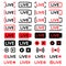 Set of live streaming icons. Live broadcast icons, isolated on white background. Social media live button. Camera icon. Lower