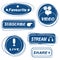 Set of live videos. Blue symbols and buttons of live videos, streams, subscribe