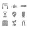 Set Location gym, Vitamin pill, Sport expander, Boxing glove, Calendar fitness, Old hourglass, and Jump rope icon