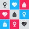 Set Location with heart, Candy in shaped box and Wedding cake icon. Vector