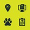 Set Location veterinary, Clinical record pet, Paw print and monitor icon. Vector
