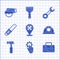 Set Location with wrench, Settings in the hand, Toolbox, Worker safety helmet, Hammer, Chainsaw, Wrench spanner and
