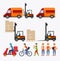 Set of Logistics and delivery service objects and characters. Illustrations of loader truck, courier with box on bicycle