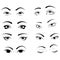 Set of logos of eyelashes. Collection of stylized women`s eyes with makeup. Logo for eyelash extension.