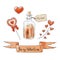 Set of love elements for Valentines day. Hearts, love potion and lettering. Vector illustration.