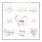 Set of love text with pink heart - all you need is love, i love you, amore