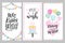Set of lovely birthday greeting cards with cakes, balloons, gifts and cute typography