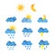 Set of low poly icons of weather, sunny weather, cloudy, rain, snow and lightning on a white background. 3d render