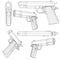 Set with a low poly pistol Colt 1911. Wireframe of a pistol in different positions isolated on a white background. 3D