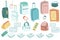 Set of luggage, suitcases, bags, backpack, travel icons on different transport