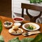 Set lunch or dinner. Classic red beetroot soup, cutlet with mashed potatoes, sesame buns and basil salad. Served dishes