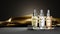 Set luxury cosmetics for men, glass bottles organic beard oil on dark background, hair spray on gold silk fabric, liquid