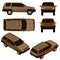 Set with the machine in different positions. Brown jeep with isometric view. 3D. Vector illustration