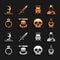 Set Magic hat and wand, Wizard warlock, Bottle with love potion, Skull, stone ring gem, Witch cauldron, Zombie hand and