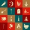 Set Magic mortar and pestle, Wizard warlock, Witch cauldron magic stone, wand, Spell, Hand saw and Ghost icon. Vector