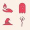 Set Magic staff, Hand holding a fire, Ghost and Witch hat icon. Vector