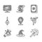 Set Magic stone, Witch hat, wand, staff, Hand holding fire, Tarot cards and icon. Vector