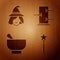 Set Magic wand, Witch, Magic mortar and pestle and Trunk for magic tricks on wooden background. Vector