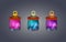 Set of magical glass lamps with glowing, illuminated crystals. Objects for game design. Ancient, old, spellful bulbs with colorful