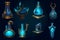 Set of magical potion bottles. Neural network AI generated art