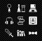 Set Magnifying glass, Chess, Laptop, Sword for game, Book, Bow tie, Headphones and icon. Vector
